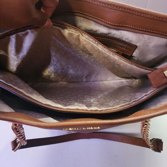 Michael Kors MK Jet Set Travel Chain Zip Top Multifunction Leather Tote Brown - Picture 8 of 14